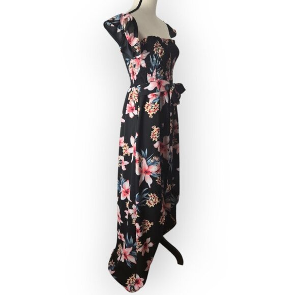 Windsor Tropical Sunsets Black Pink & Blue Floral Print Off Shoulder Maxi Dress - Picture 4 of 8
